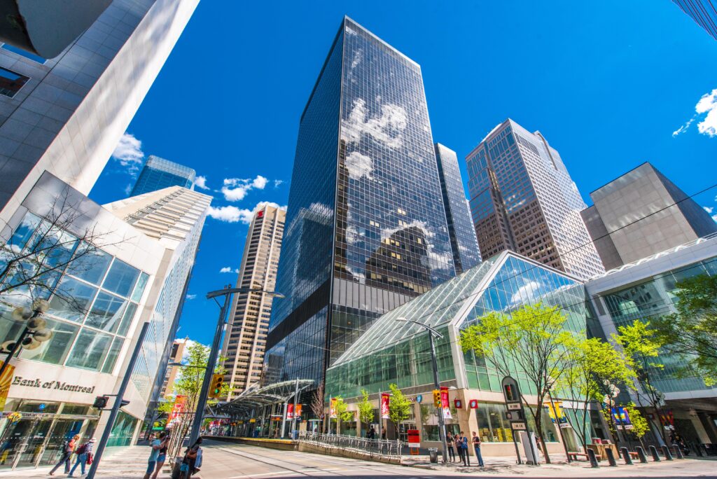 Modern office towers in downtown Calgary, Alberta near the Three Dimensions Law office