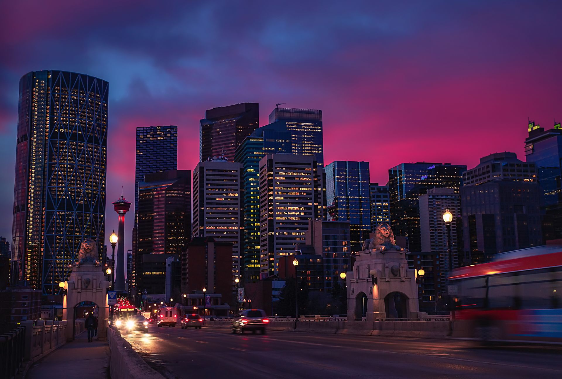 Downtown Calgary skyline at sunset with the Calgary Tower and Centre Street Bridge — Three Dimensions Law office location