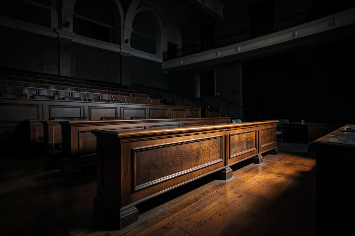 Empty Alberta courtroom benches in low light