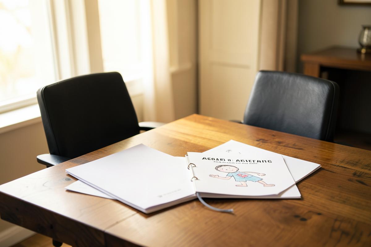 Separation agreement and a child's drawing on a table in a Calgary family law office