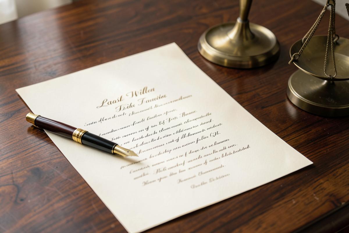 A last will and testament with a fountain pen on a wooden desk
